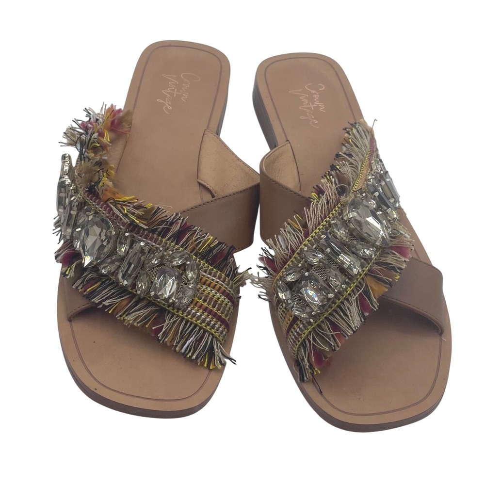 Crown‎ Vintage Women Tan Crystal Embellished Fringe Slide Sandals Size 8M